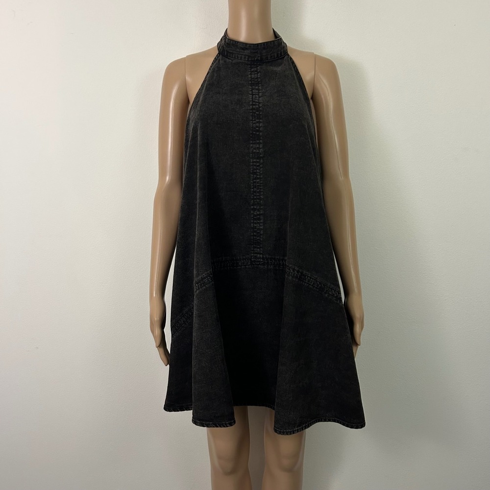 Free People Black Acid Wash Denim Halter Mini Dress Open Back Womens M